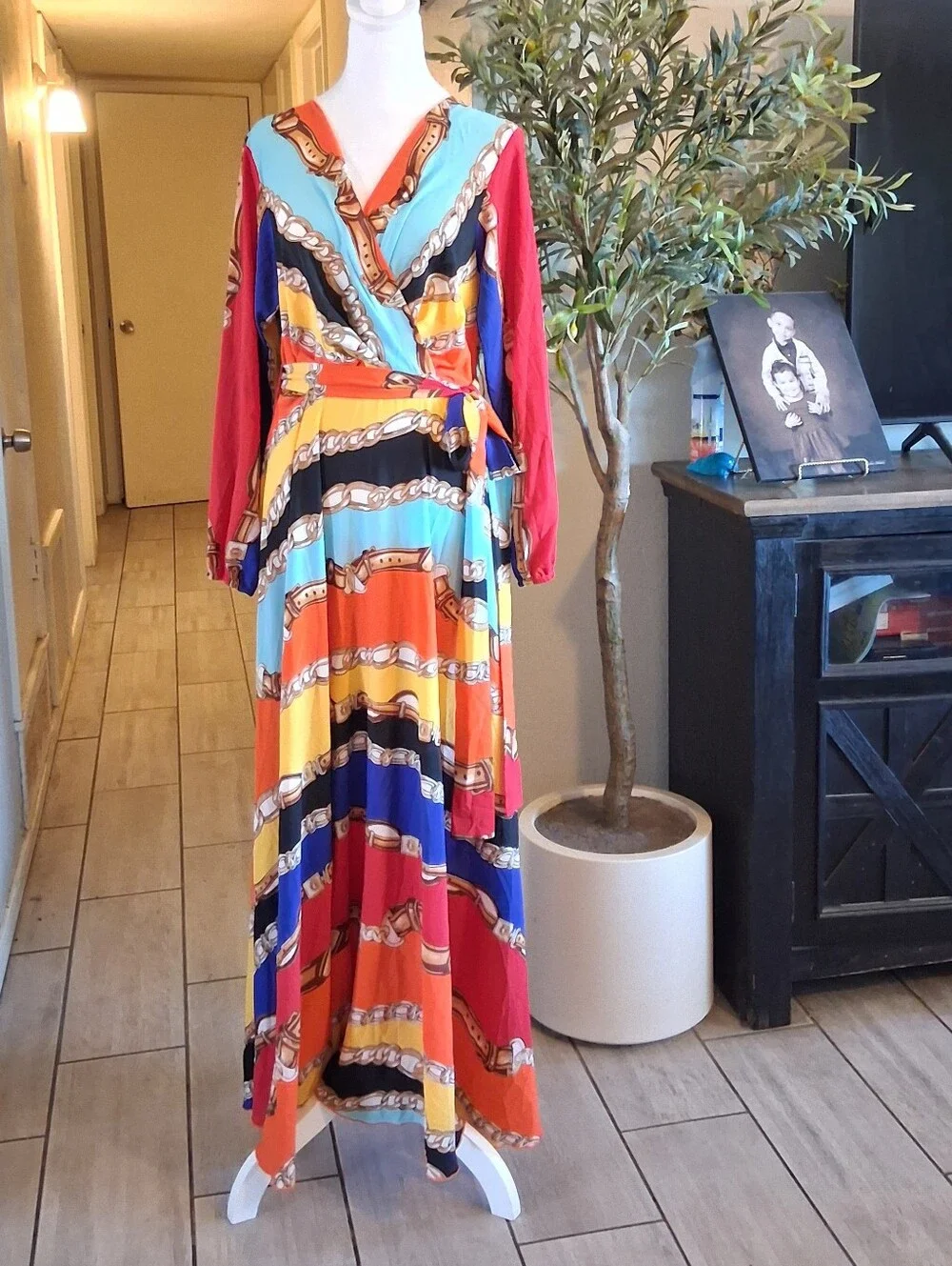 Dareen Hand‎ Made Chain Print Maxi Dress SzL Multicolor Wrap Vacation Beach